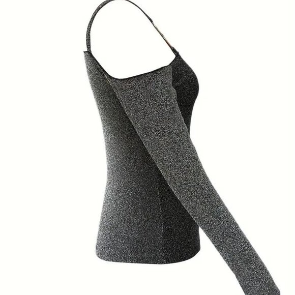 One Shoulder Chain Buckle Sparkly Glitter Top Shirt black silver M - Picture 8 of 9